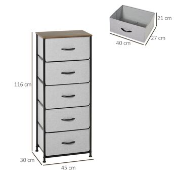 Chiffonnier meuble de rangement 5 tiroirs - dim. 45L x 30l x 116H cm - structure acier noir tissu pliant gris 3