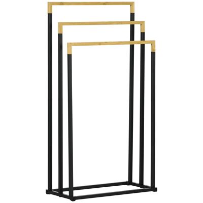 Freestanding 3-bar towel rack - size 45L x 22W x 86H cm - black steel bamboo wood