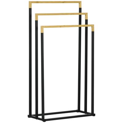 Porte-serviette autoportant 3 barres - dim. 45L x 22l x 86H cm - bois bambou acier noir