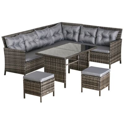 Garden furniture for 8 people. great comfort corner sofa + 2 poufs + dining table 12 cushions seat & backrest provided polyester gray braided resin