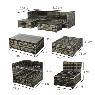 4-seater garden furniture set 5 pieces with removable zipped cushions gray resin wicker polyester