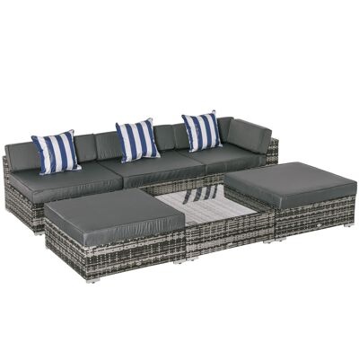 Conjunto de muebles de jardín 5 plazas 6 piezas modulares tapa de cristal templado cojines con fundas desenfundables resina mimbre imitación ratán gris