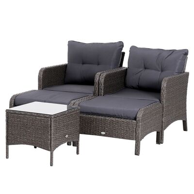 Outsunny Set of 2 comfortable garden armchairs footrest coffee table wicker imitation rattan gray cushions