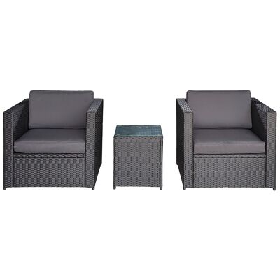Garden set 2-seater 3-piece woven resin black rattan look gray water-repellent cushions with removable covers