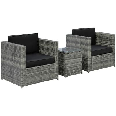 2-seater 3-piece garden set resin wicker gray rattan look water-repellent cushions with black removable covers