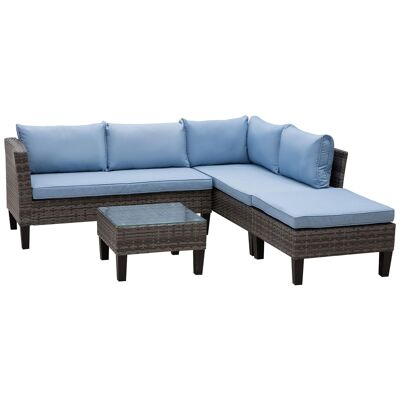 Conjunto de muebles de jardín de 3 piezas, sofá de esquina de 4 plazas, puf, mesa de centro, tapa de vidrio templado, 8 cojines azules, resina tejida gris