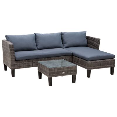 2-piece garden furniture set 4-seater corner sofa and coffee table with tempered glass top and 5 gray wicker cushions