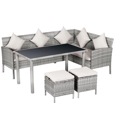 Muebles de jardín 6 pers. sofá esquinero gran confort + 2 pufs + mesa de comedor 9 cojines de asiento y respaldo incluidos resina tejida gris