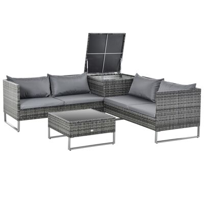 Conjunto de muebles de jardín de esquina de 4 plazas - mesa de centro, cómoda - cojines de asiento con fundas extraíbles - resina trenzada gris metal epoxi