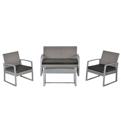 Conjunto de muebles de jardín de diseño contemporáneo, estilo yate, 4 asientos, cojines incluidos, mesa de centro, metal epoxi, resina trenzada gris