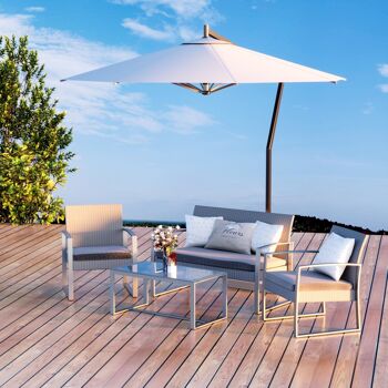 Ensemble salon de jardin design contemporain style yachting 4 places coussins inclus table basse métal époxy résine tressée grise 2