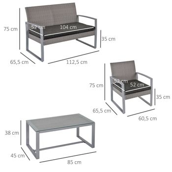 Ensemble salon de jardin design contemporain style yachting 4 places coussins inclus table basse métal époxy résine tressée grise 3