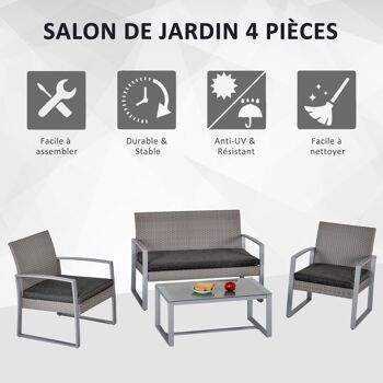 Ensemble salon de jardin design contemporain style yachting 4 places coussins inclus table basse métal époxy résine tressée grise 4