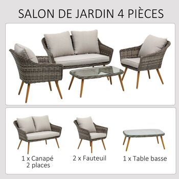 Salon de jardin 4 places 4 pièces design scandinave métal époxy résine tressée imitation rotin coussins inclus gris 4