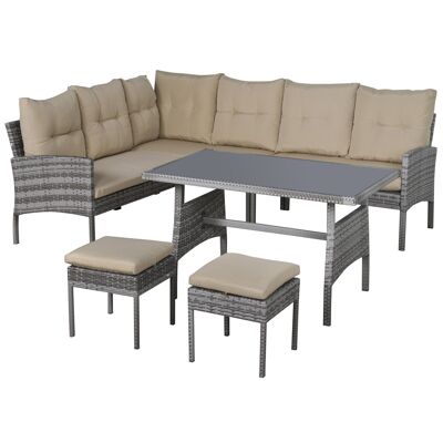 Muebles de jardín 6 pers. sofá de esquina muy cómodo + 2 pufs + mesa de comedor cojines de asiento y respaldo provistos resina tejida gris