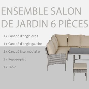 Salon de jardin 6 pers. grand confort canapé d'angle + 2 poufs + table à manger coussins assise & dossier fournis résine tressée grise 4