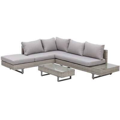 Corner garden furniture set 5 places contemporary design removable cushions coffee table epoxy steel gray braided resin