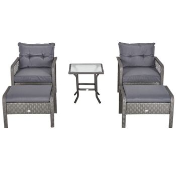 Outsunny Lot de 2 fauteuils de jardin grand confort repose-pied table basse résine tressée et filaire imitation rotin coussins gris 1