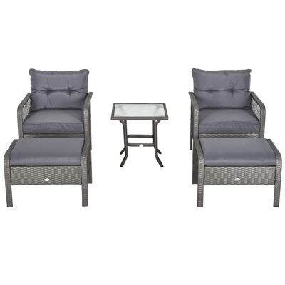 Outsunny Lot de 2 fauteuils de jardin grand confort repose-pied table basse résine tressée et filaire imitation rotin coussins gris