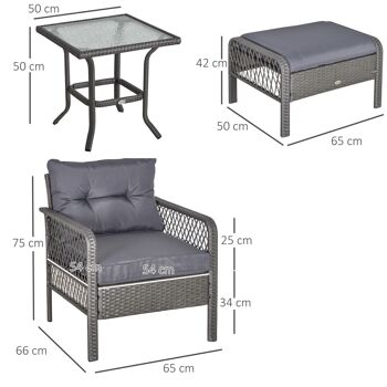 Outsunny Lot de 2 fauteuils de jardin grand confort repose-pied table basse résine tressée et filaire imitation rotin coussins gris 3