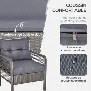 Outsunny Lot de 2 fauteuils de jardin grand confort repose-pied table basse résine tressée et filaire imitation rotin coussins gris 4