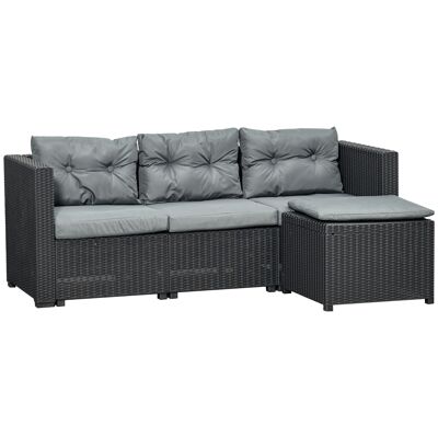 2-teiliges Gartenmöbel-Set, 3-Sitzer-Sofa + Pouf, 7 Kissen mit abnehmbaren Bezügen inklusive. Grau geflochtenes Rattan-Imitat aus PP