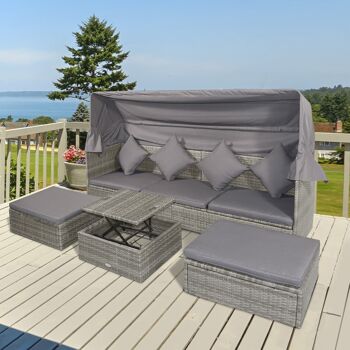 Lit canapé de jardin modulable grand confort pare-soleil pliable 6 coussins 4 oreillers table basse relevable résine tressée polyester gris 2