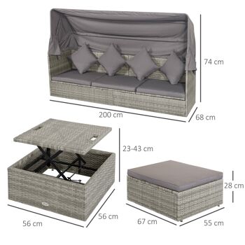 Lit canapé de jardin modulable grand confort pare-soleil pliable 6 coussins 4 oreillers table basse relevable résine tressée polyester gris 3