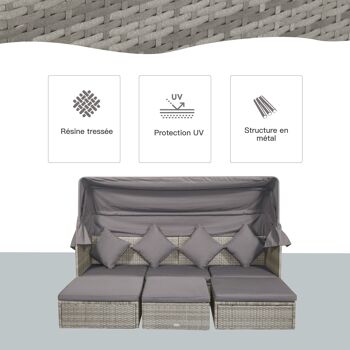 Lit canapé de jardin modulable grand confort pare-soleil pliable 6 coussins 4 oreillers table basse relevable résine tressée polyester gris 5