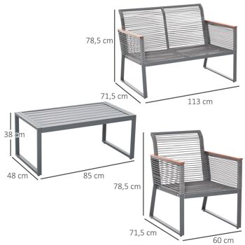 Ensemble salon de jardin design style yachting 4 places accoudoirs aspect bois coussins inclus table basse acier époxy résine gris 3