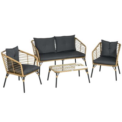 Set da giardino 4 posti Tavolino da caffè in stile coloniale 4 pezzi cuscini grigi forniti effetto rattan in resina intrecciata