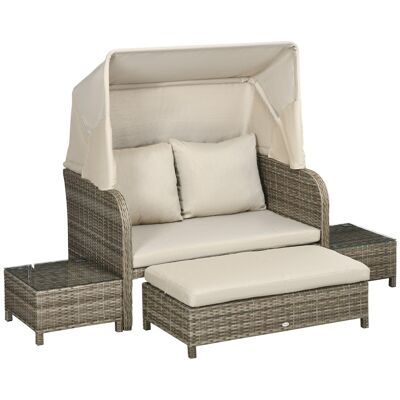 2-seater garden furniture set 4 pcs - sofa, footrest, 2 coffee tables - cushions included - gray khaki polyester resin