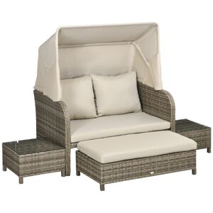 Ensemble salon de jardin 2 places 4 pcs - canapé, repose-pieds, 2 tables basses - coussins inclus - résine grise polyester kaki