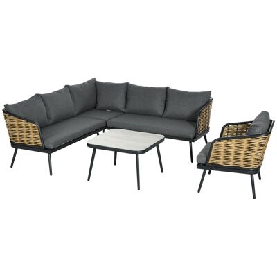 6-seater colonial style corner garden furniture set with 5 aluminum gray cushions. black rattan look rattan wicker