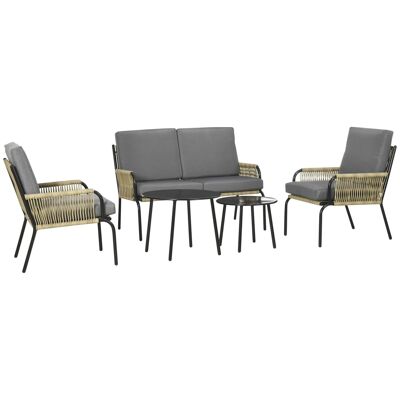 Modular woven resin garden furniture for 4 people. 5 pieces with 1 sofa 2 armchairs and 2 round sand steel coffee tables