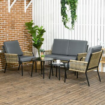 Salon de jardin en résine tressée modulable 4 pers. 5 pièces avec 1 canapé 2 fauteuils et 2 tables basses rondes acier sable 2