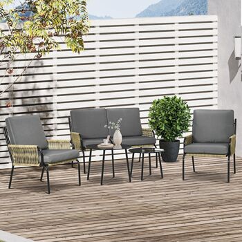 Salon de jardin en résine tressée modulable 4 pers. 5 pièces avec 1 canapé 2 fauteuils et 2 tables basses rondes acier sable 4