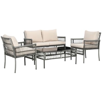 4-piece garden furniture set for 4 people - 8 cushions included - rattan-look resin metal - gray beige