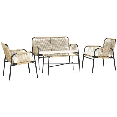 Set da giardino 4 posti Tavolino da caffè in stile coloniale 4 pezzi cuscini crema inclusi resina intrecciata beige