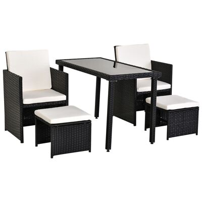 Outsunny Conjunto de muebles de jardín empotrados 2 sillones de una pieza + 2 taburetes + mesa de centro Resina tejida de 4 capas con cojines extraíbles negro crema