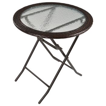 Table ronde bistro de jardin pliable dim. Ø 68 x 73H cm métal époxy résine tressée chocolat plateau verre trempé 1