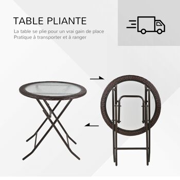 Table ronde bistro de jardin pliable dim. Ø 68 x 73H cm métal époxy résine tressée chocolat plateau verre trempé 4