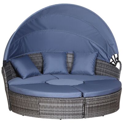 Comfortable modular garden sofa bed foldable sunshade 5 cushions 3 pillows 180L x 175W x 147H cm woven resin gray polyester blue