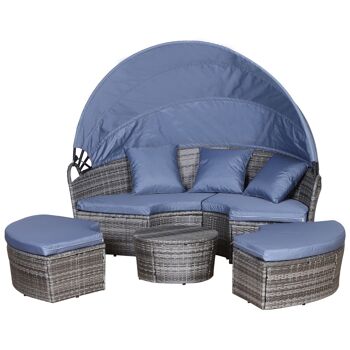 Lit canapé de jardin modulable grand confort pare-soleil pliable 5 coussins 3 oreillers 180L x 175l x 147H cm résine tressée grise polyester bleu 4