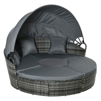 Comfortable modular garden sofa bed foldable sunshade 5 cushions 3 pillows 180L x 175W x 147H cm gray resin wicker polyester
