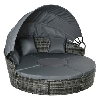 Lit canapé de jardin modulable grand confort pare-soleil pliable 5 coussins 3 oreillers 180L x 175l x 147H cm résine tressée polyester gris 1