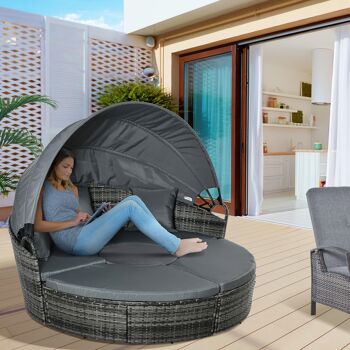 Lit canapé de jardin modulable grand confort pare-soleil pliable 5 coussins 3 oreillers 180L x 175l x 147H cm résine tressée polyester gris 2