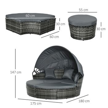 Lit canapé de jardin modulable grand confort pare-soleil pliable 5 coussins 3 oreillers 180L x 175l x 147H cm résine tressée polyester gris 3