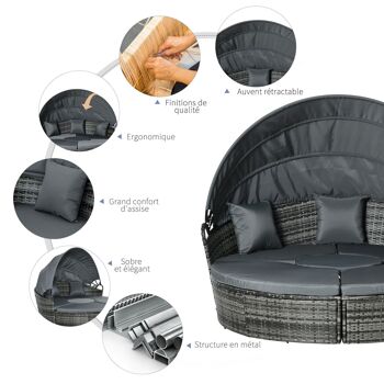 Lit canapé de jardin modulable grand confort pare-soleil pliable 5 coussins 3 oreillers 180L x 175l x 147H cm résine tressée polyester gris 4