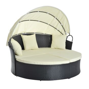 Lit canapé de jardin modulable grand confort pare-soleil pliable intégré 4 coussins 3 oreillers 171L x 180l x 155H cm métal résine tressée polyester noir beige 1